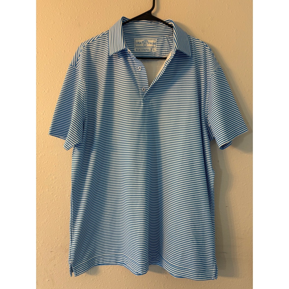 USA Palm Mens Blue Stripes Performance Polo Shirt XL Short Sleeve Golf Striped